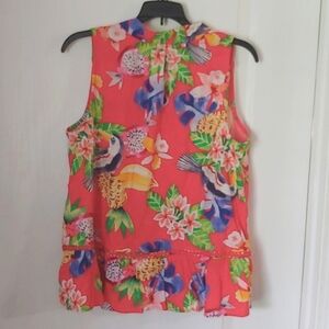 Crown & Ivy Tropical Toucan Floral Linen Blend Top. Tassel Tie. Sz Small